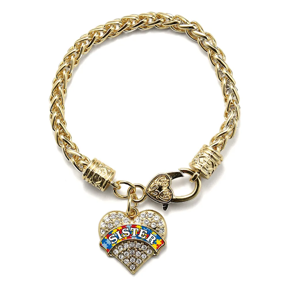 Gold Autism Sister Pave Heart Charm Braided Bracelet