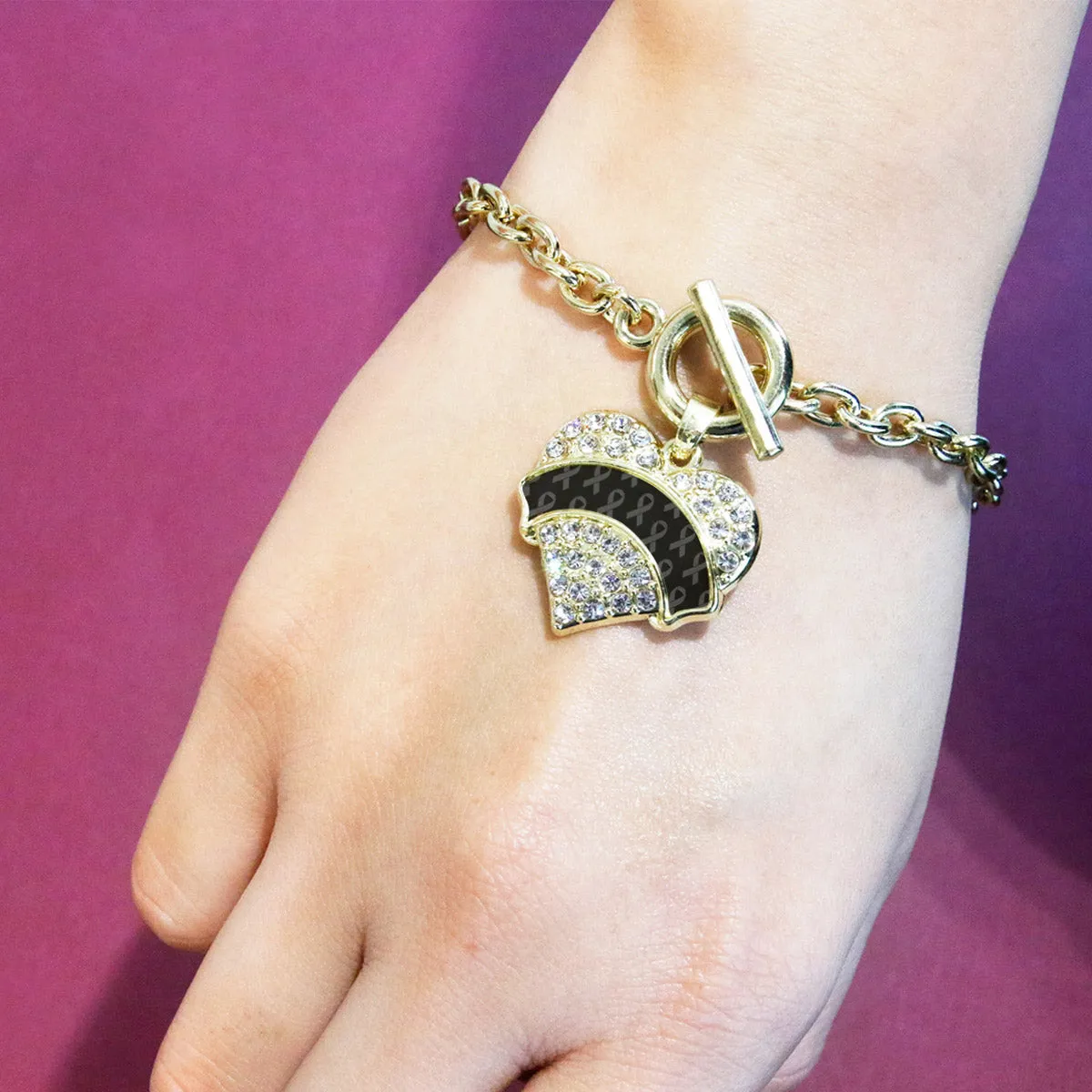 Gold Black Ribbon Support Pave Heart Charm Toggle Bracelet