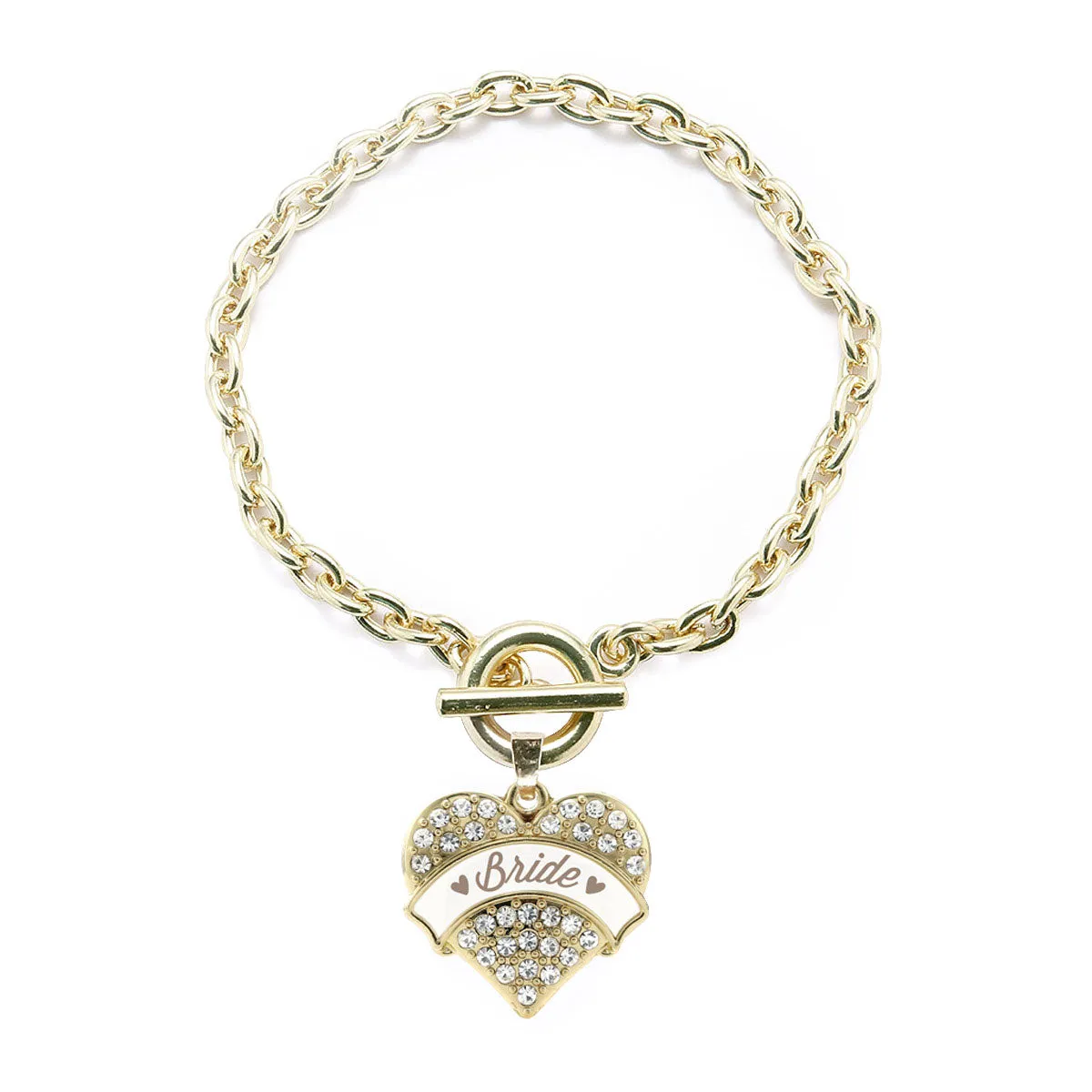 Gold Brown and White Bride Pave Heart Charm Toggle Bracelet