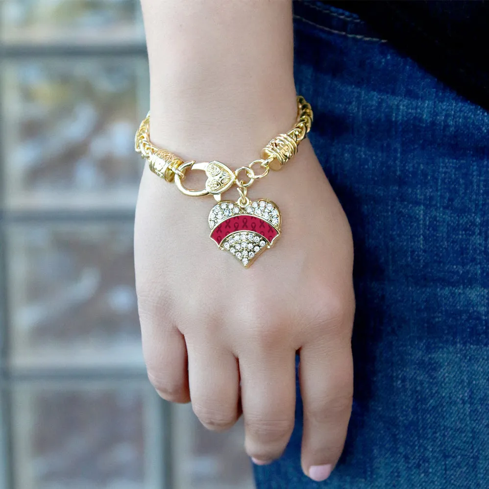 Gold Burgundy Ribbon Support Pave Heart Charm Braided Bracelet