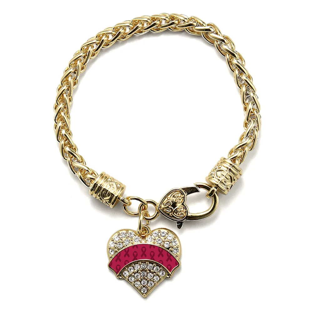 Gold Burgundy Ribbon Support Pave Heart Charm Braided Bracelet