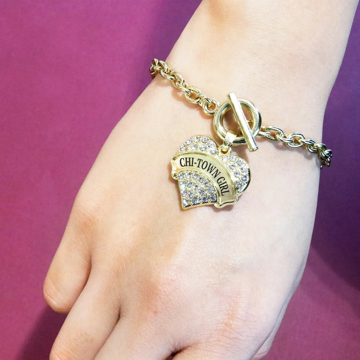 Gold Chi-Town Girl Pave Heart Charm Toggle Bracelet