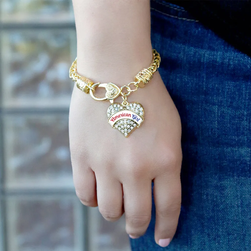 Gold Colored Script American Girl Pave Heart Charm Braided Bracelet