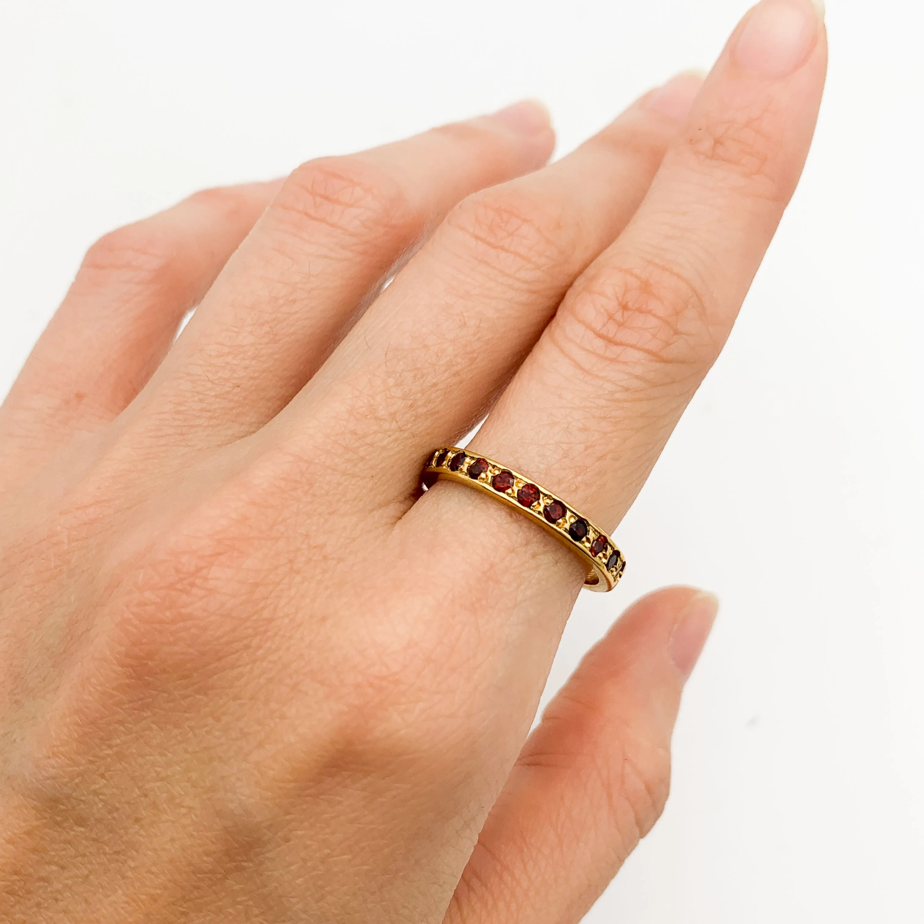 Gold Eternity Garnet Band, Dainty Garnet Ring, January Ring