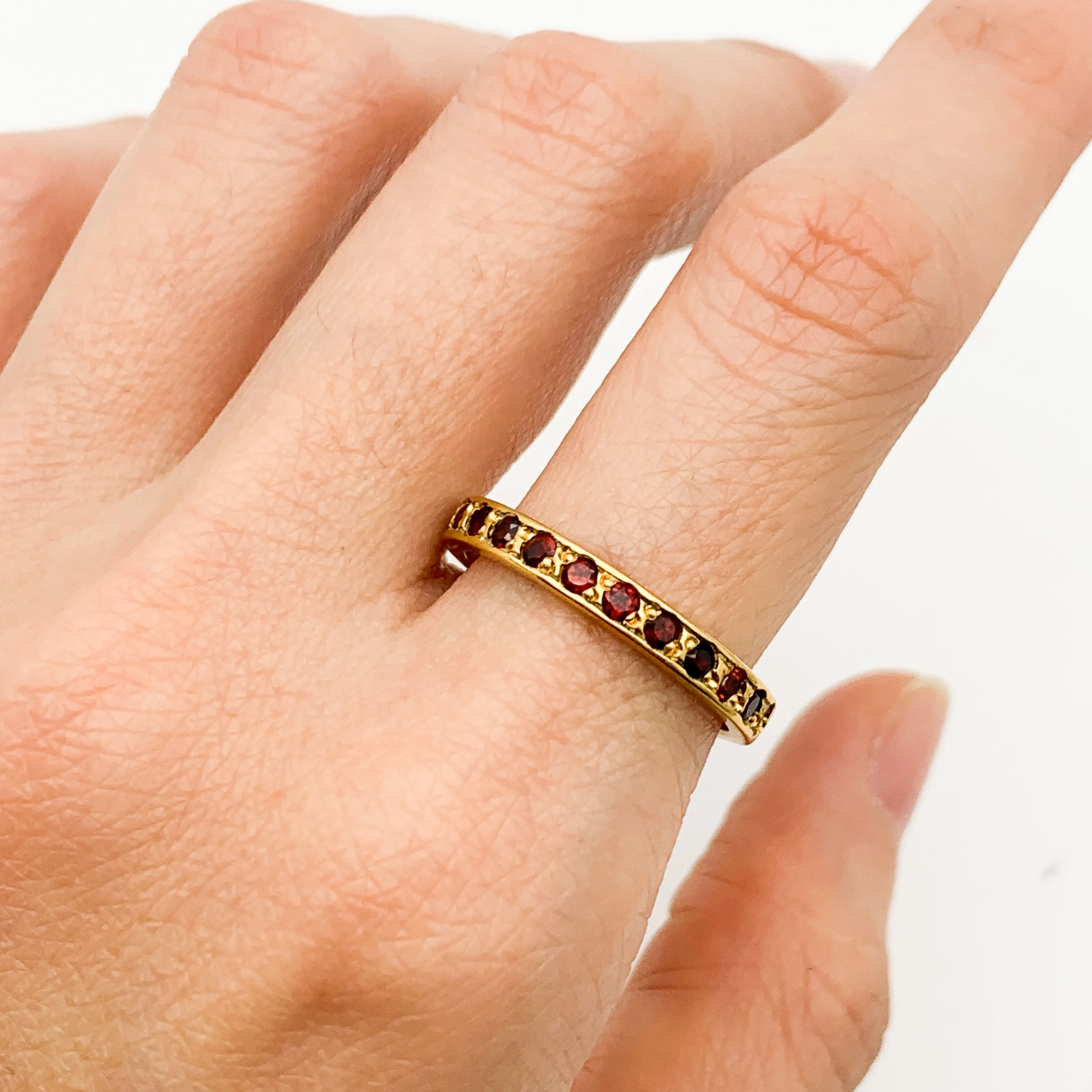 Gold Eternity Garnet Band, Dainty Garnet Ring, January Ring