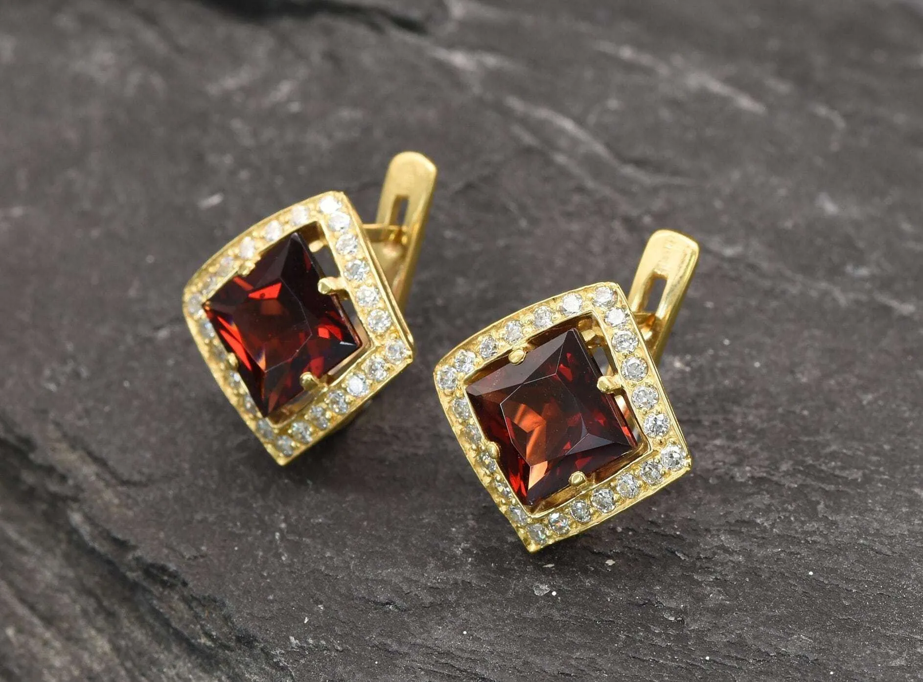 Gold Garnet Earrings - Natural Garnet Earrings, Red Square Earrings