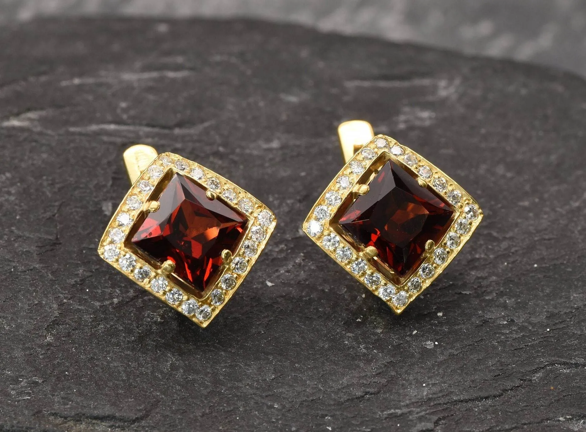 Gold Garnet Earrings - Natural Garnet Earrings, Red Square Earrings