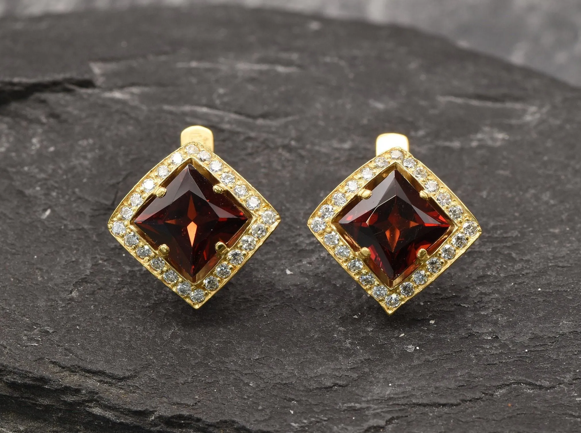 Gold Garnet Earrings - Natural Garnet Earrings, Red Square Earrings