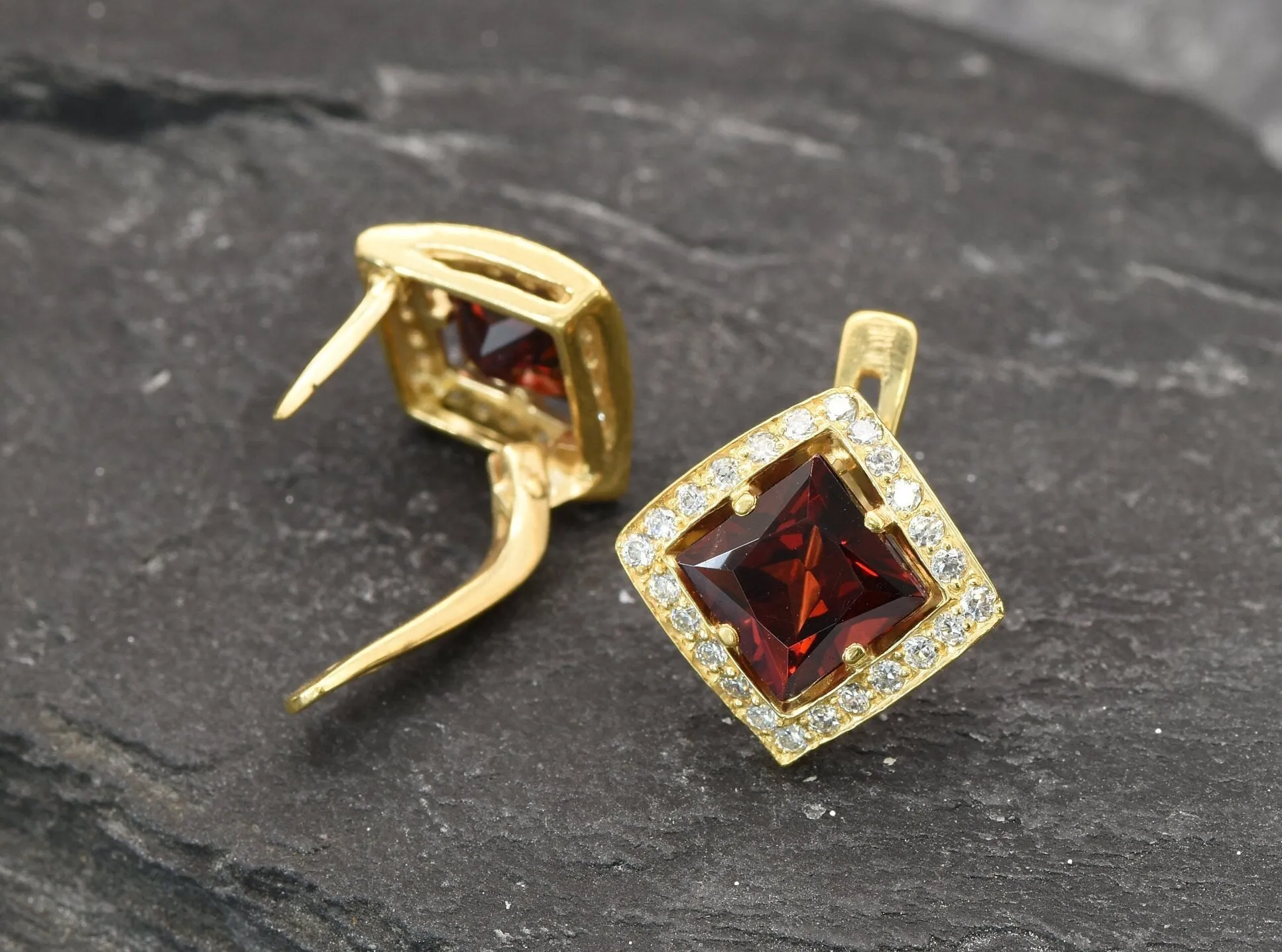 Gold Garnet Earrings - Natural Garnet Earrings, Red Square Earrings