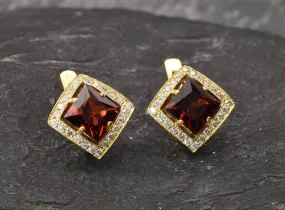 Gold Garnet Earrings - Natural Garnet Earrings, Red Square Earrings