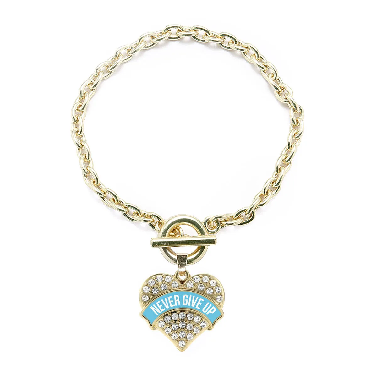 Gold Light Blue Banner Never Give Up Pave Heart Charm Toggle Bracelet