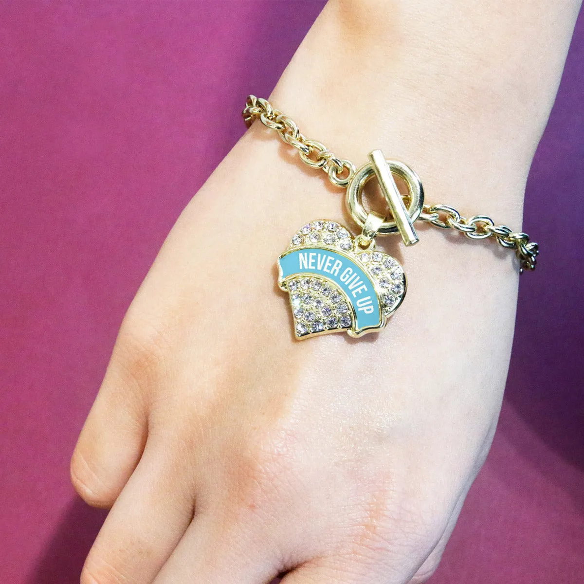 Gold Light Blue Banner Never Give Up Pave Heart Charm Toggle Bracelet