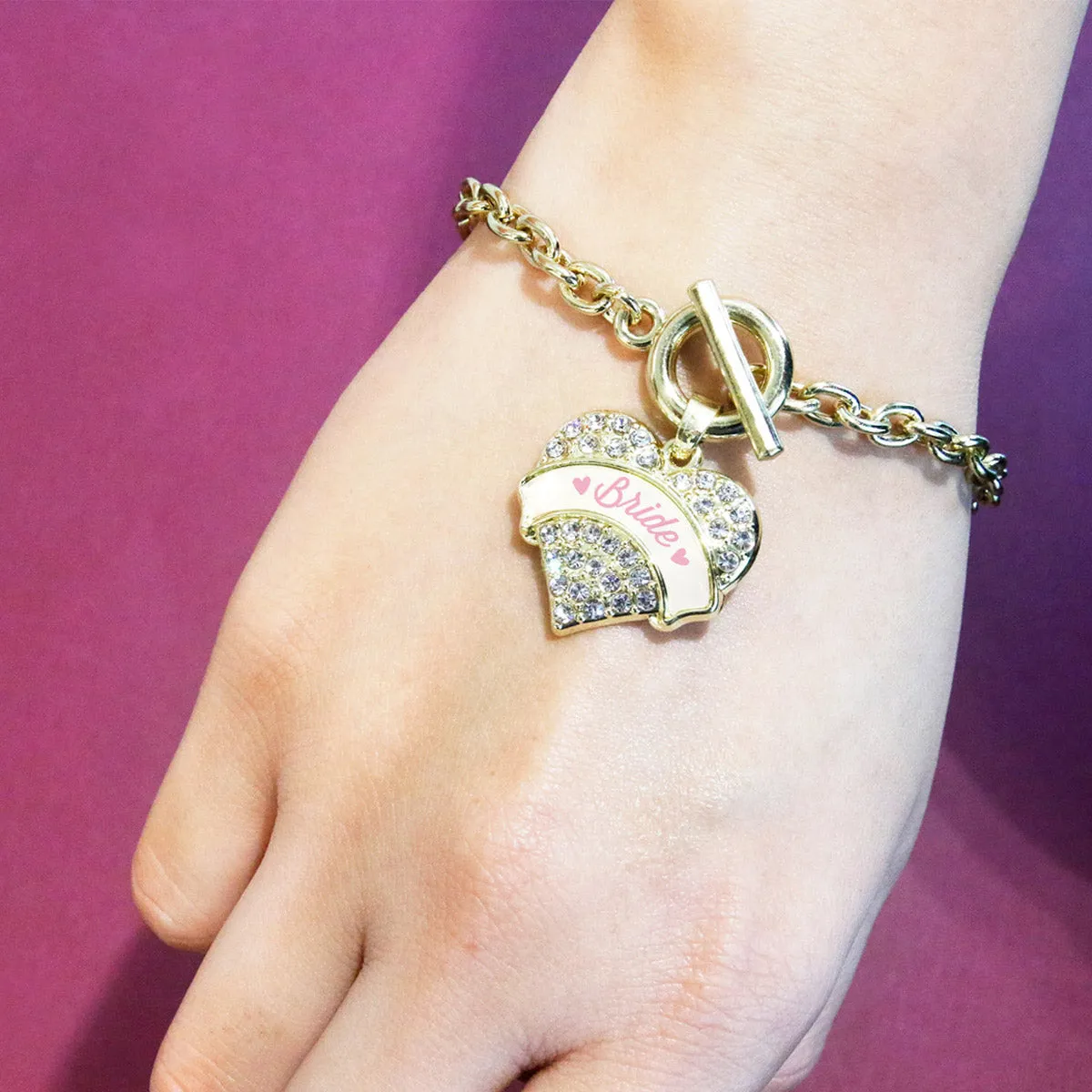 Gold Light Pink Bride Pave Heart Charm Toggle Bracelet