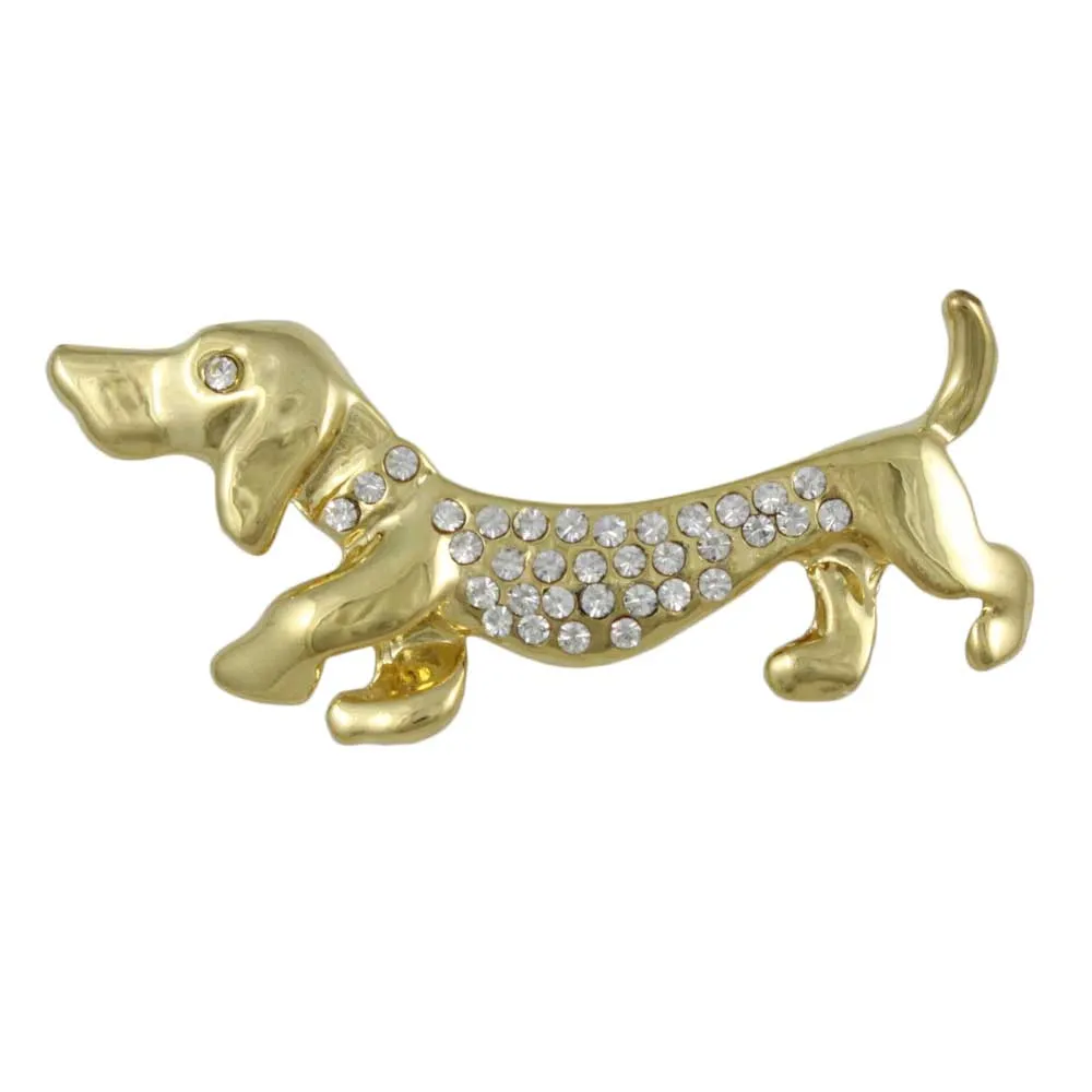 Gold with Crystals Dachshund Dog Brooch Pin - PRD714