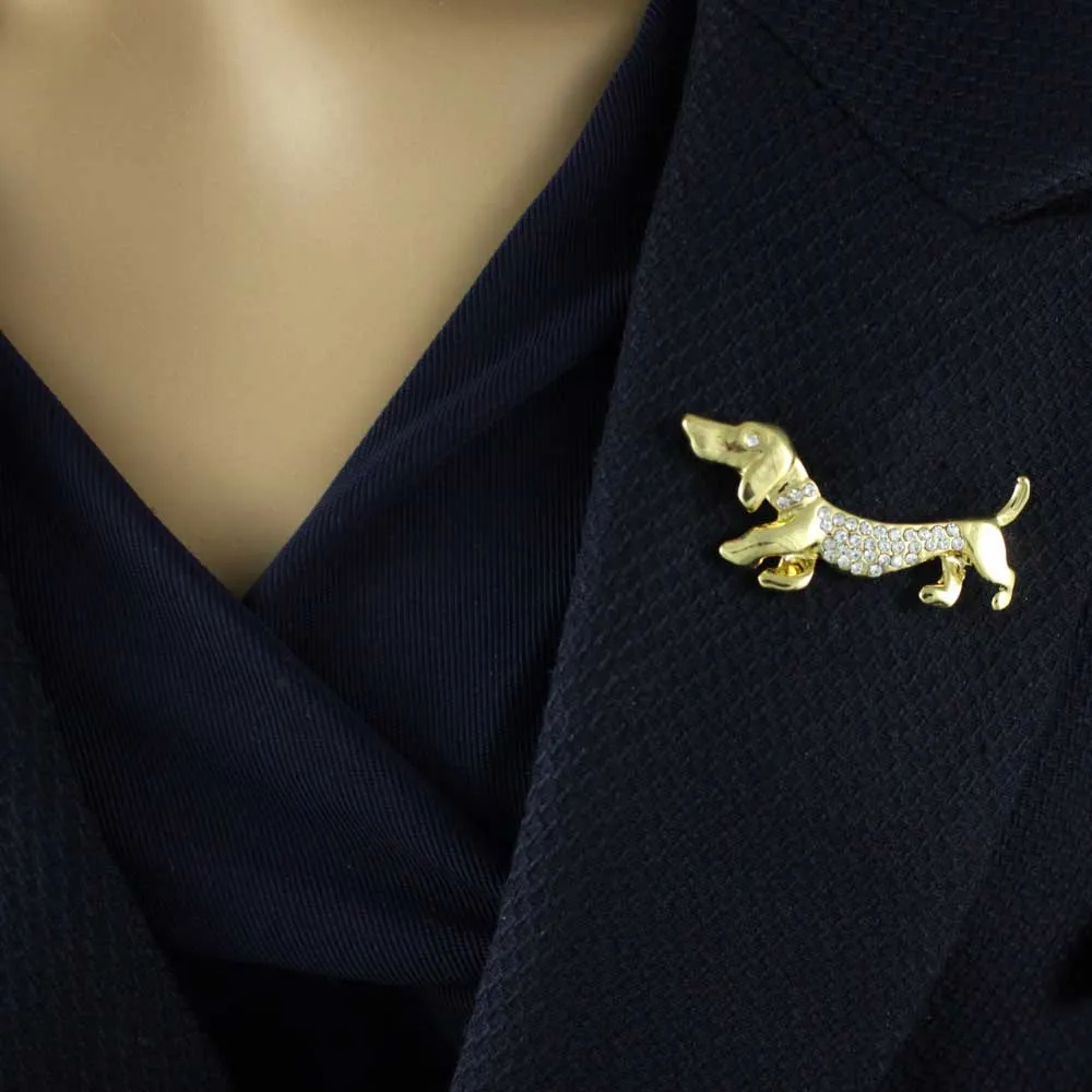 Gold with Crystals Dachshund Dog Brooch Pin - PRD714