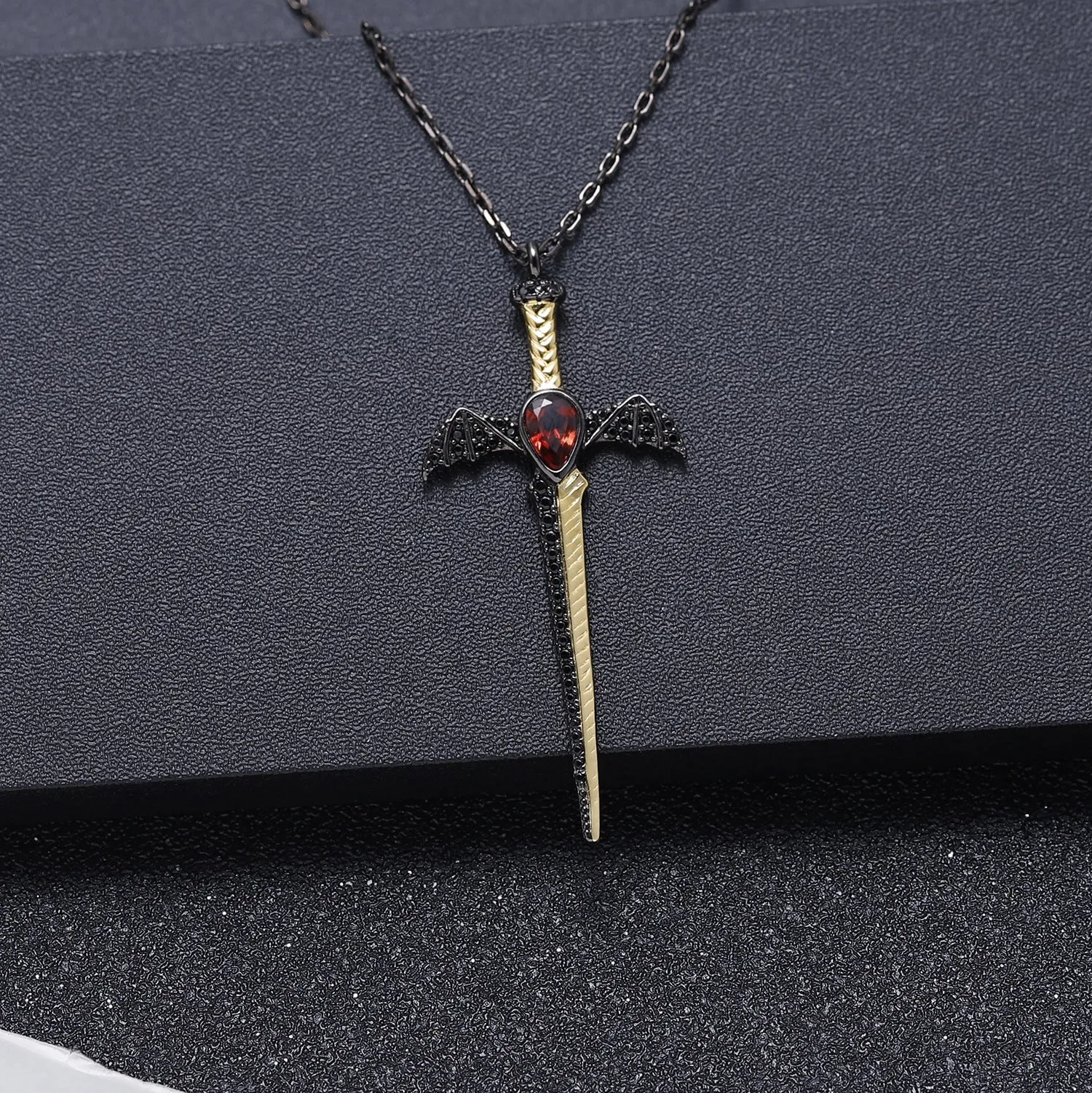 Gothic Style Dagger Design Natural Crystal Pendant Silver Necklace for Women