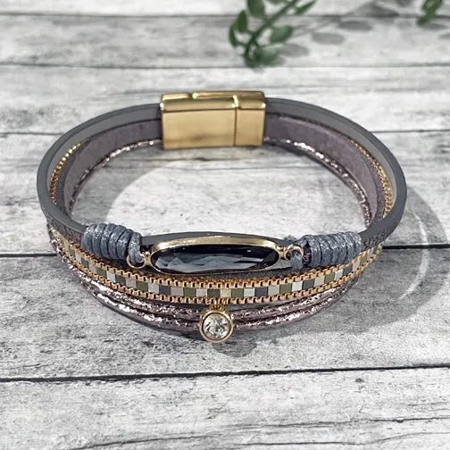 Gray Ovalstone Gold Leather Wrap Bracelet