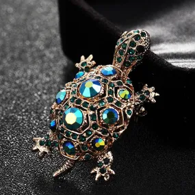 Green Rhinestone Turtle Brooch Pin