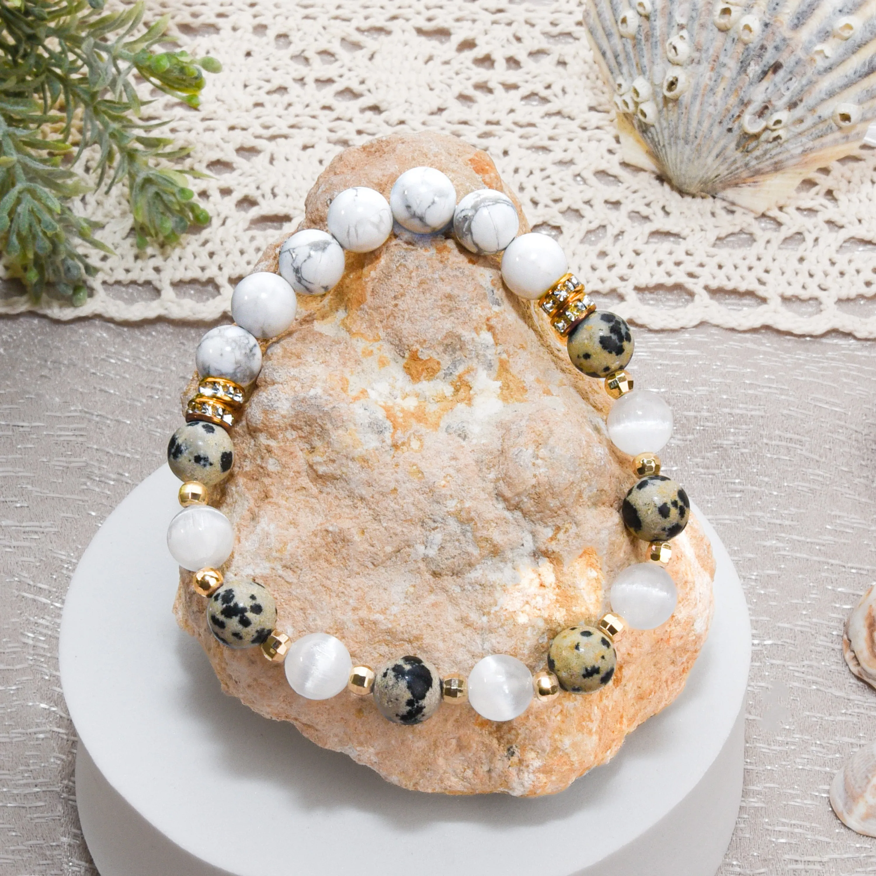 Grounding Boho Bracelet Stack, Lava Stone, Selenite, Howlite, Wood