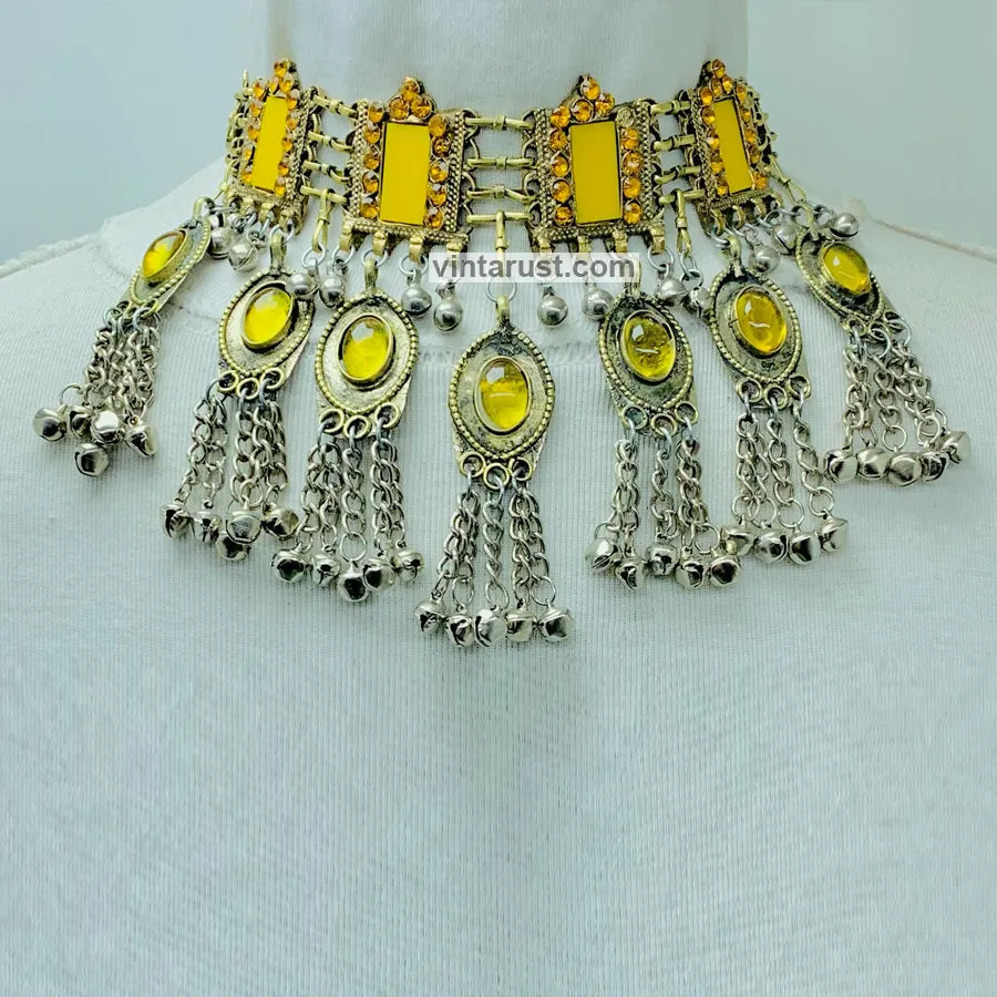 Gypsy Style Yellow Stones Statement Choker Necklace