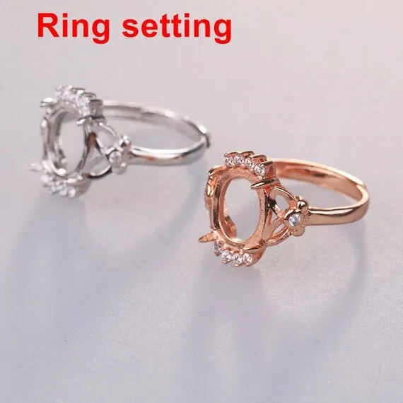 Halo Ring Setting Blank 8x10mm 1pc 925 Sterling Silver CZ Semi Mount for Oval Faceted Cabochon Stone 4 Prongs Adjustable Wholesale Available