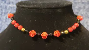 Hand Knotted Silk & Red Coral Choker Necklace. Adjustable to 13" with Lobster Claw Clasp.