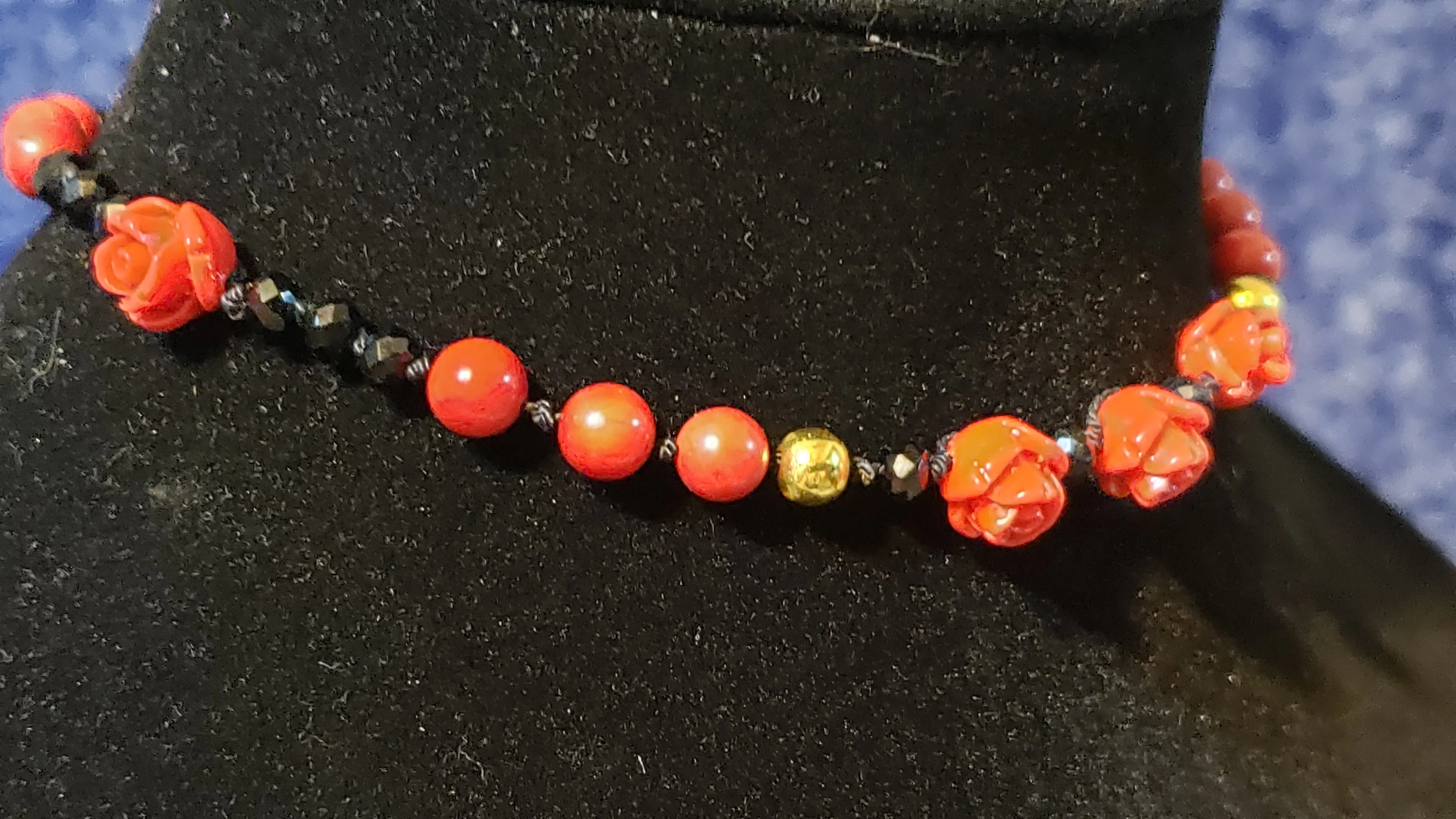 Hand Knotted Silk & Red Coral Choker Necklace. Adjustable to 13" with Lobster Claw Clasp.