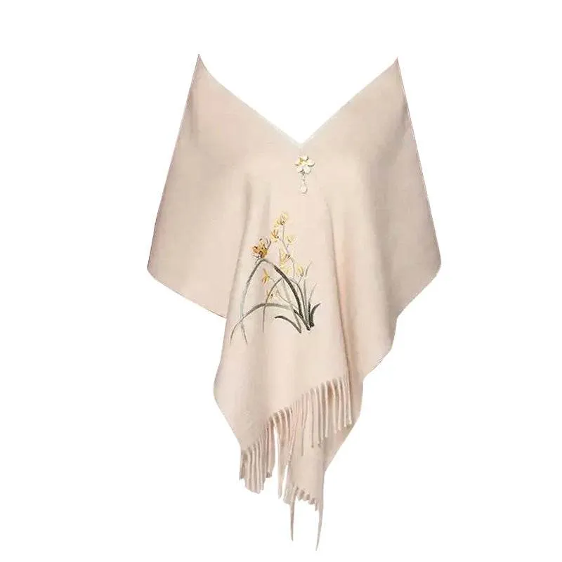 Handcrafted Embroidery Premium 100% Wool Cashmere Scarf Orchid 180x30cm