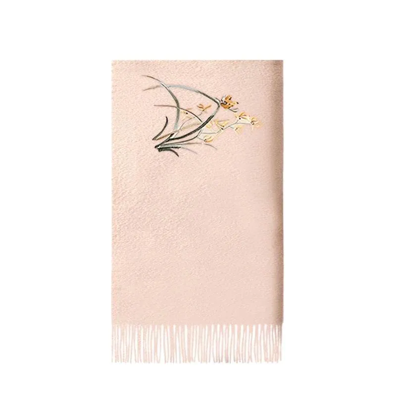 Handcrafted Embroidery Premium 100% Wool Cashmere Scarf Orchid 180x30cm