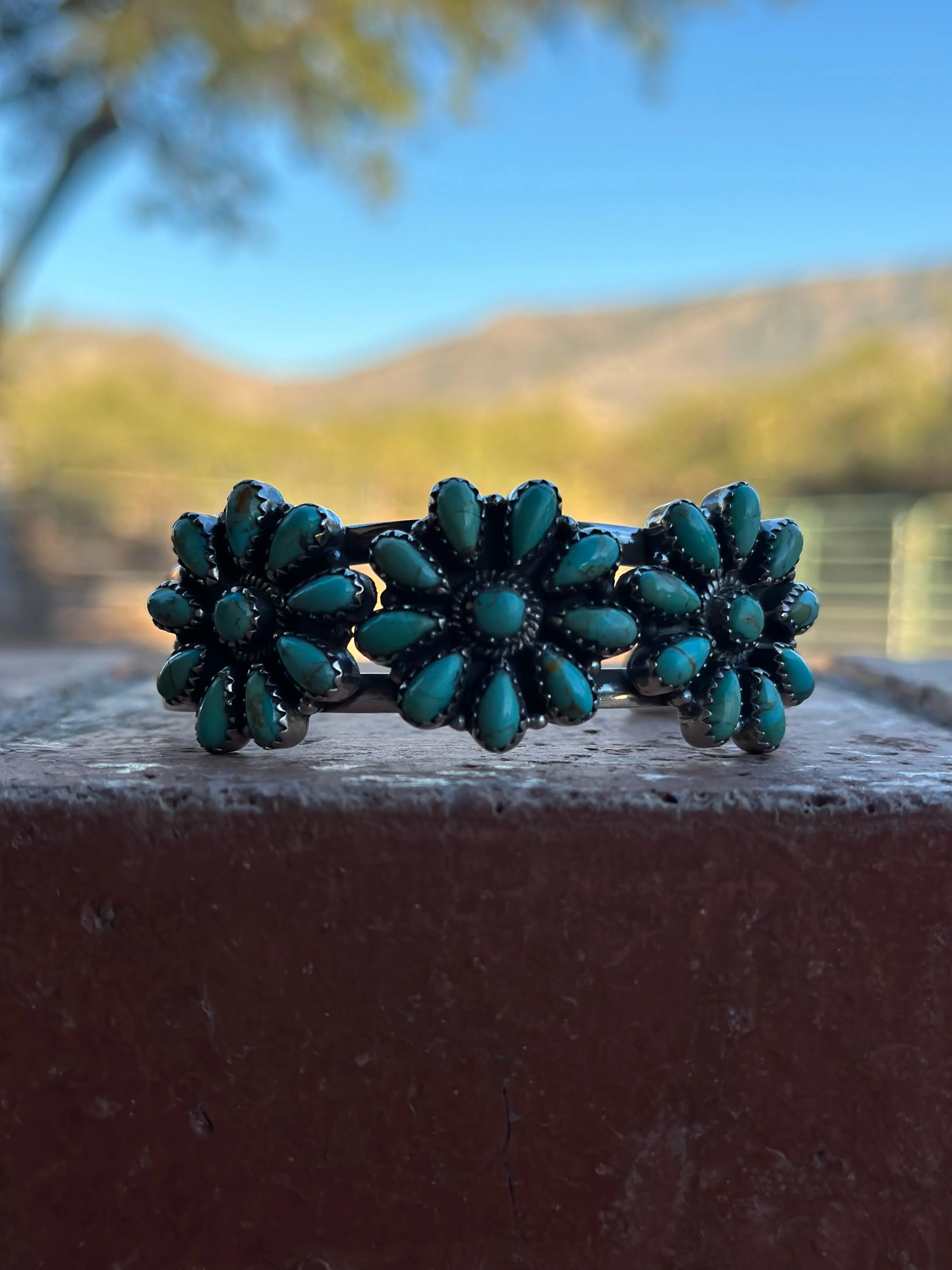 Handmade Sterling Silver & Royston Flower Turquoise Cluster Cuff Bracelet