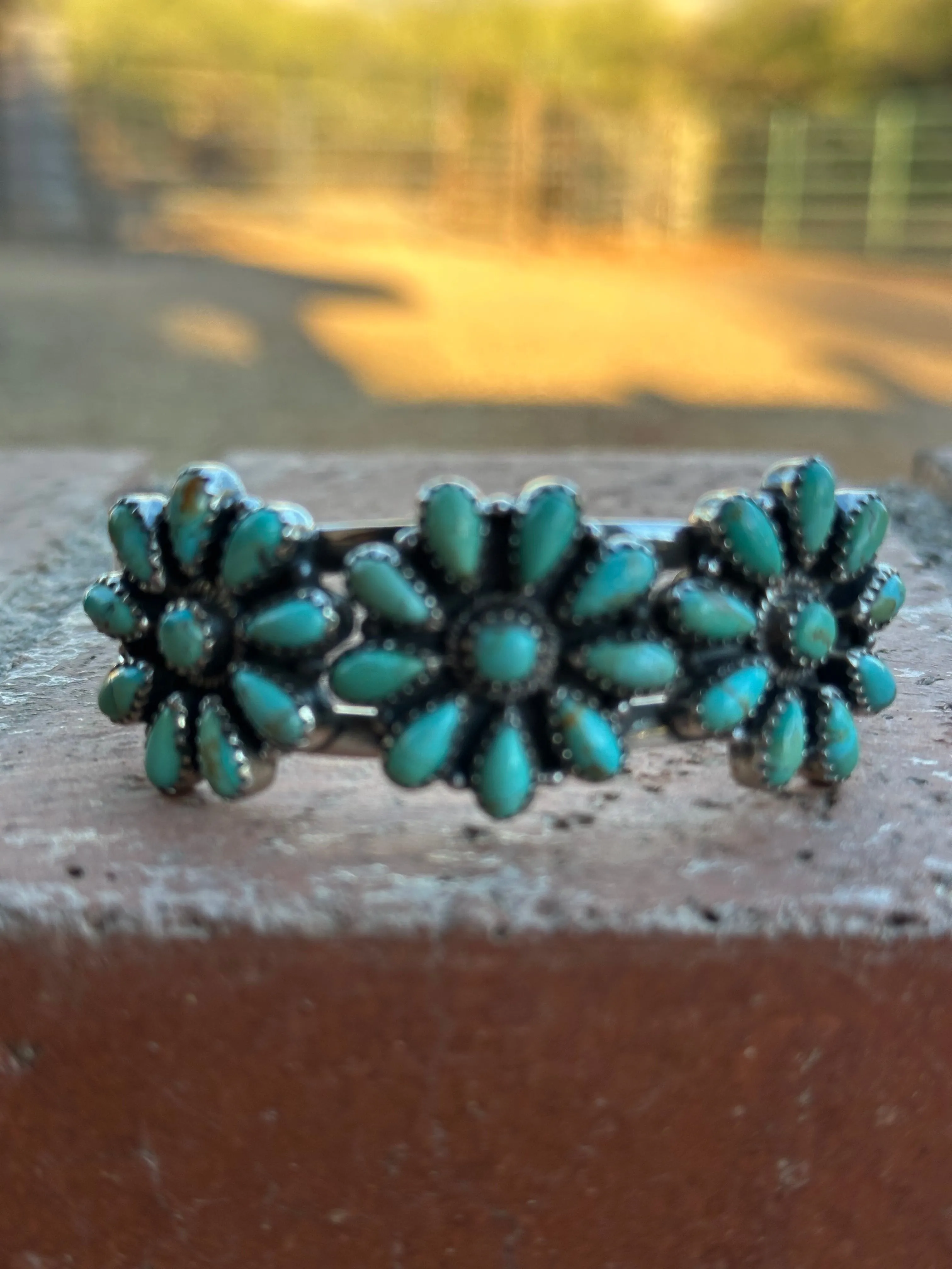 Handmade Sterling Silver & Royston Flower Turquoise Cluster Cuff Bracelet