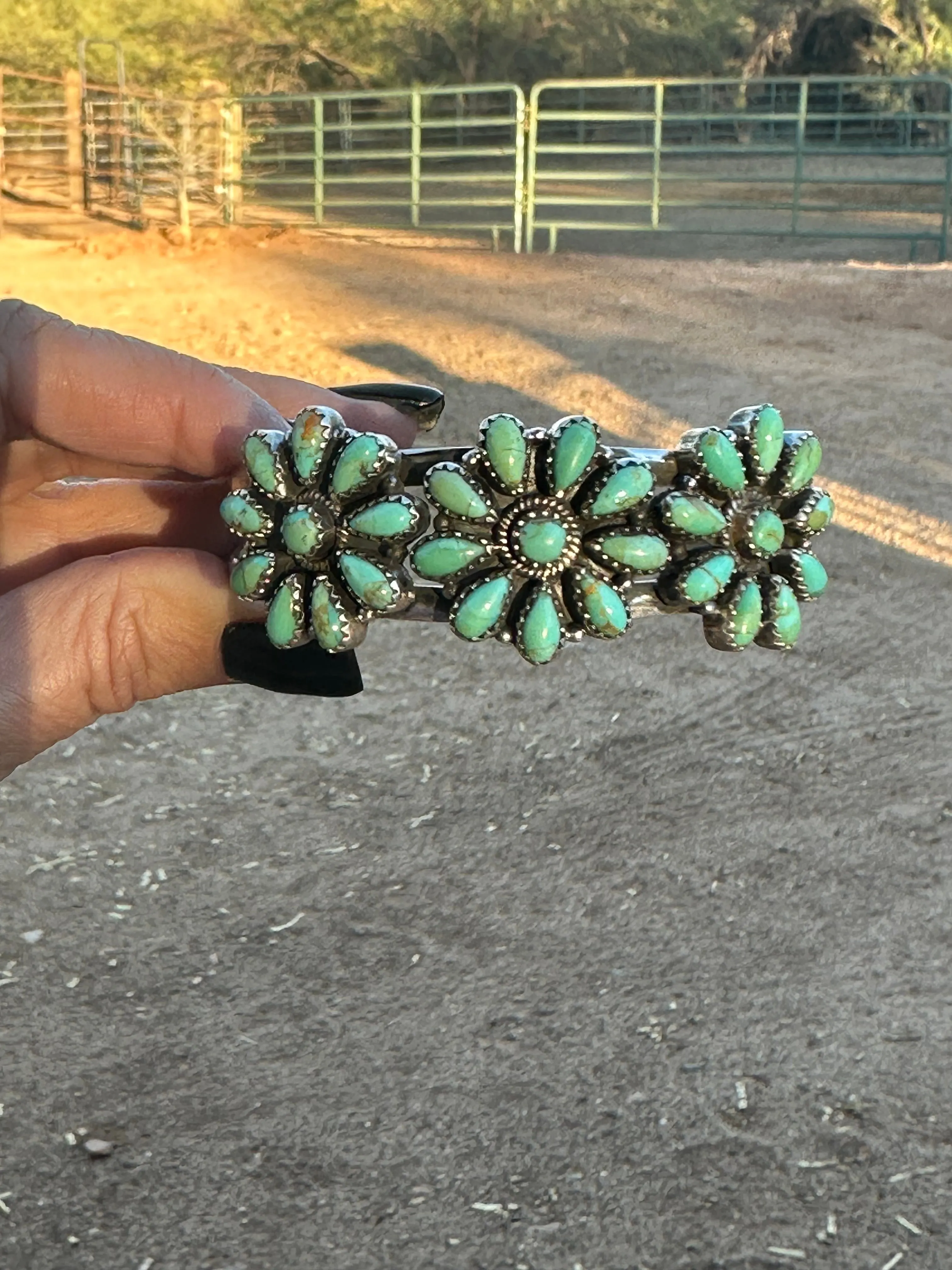 Handmade Sterling Silver & Royston Flower Turquoise Cluster Cuff Bracelet