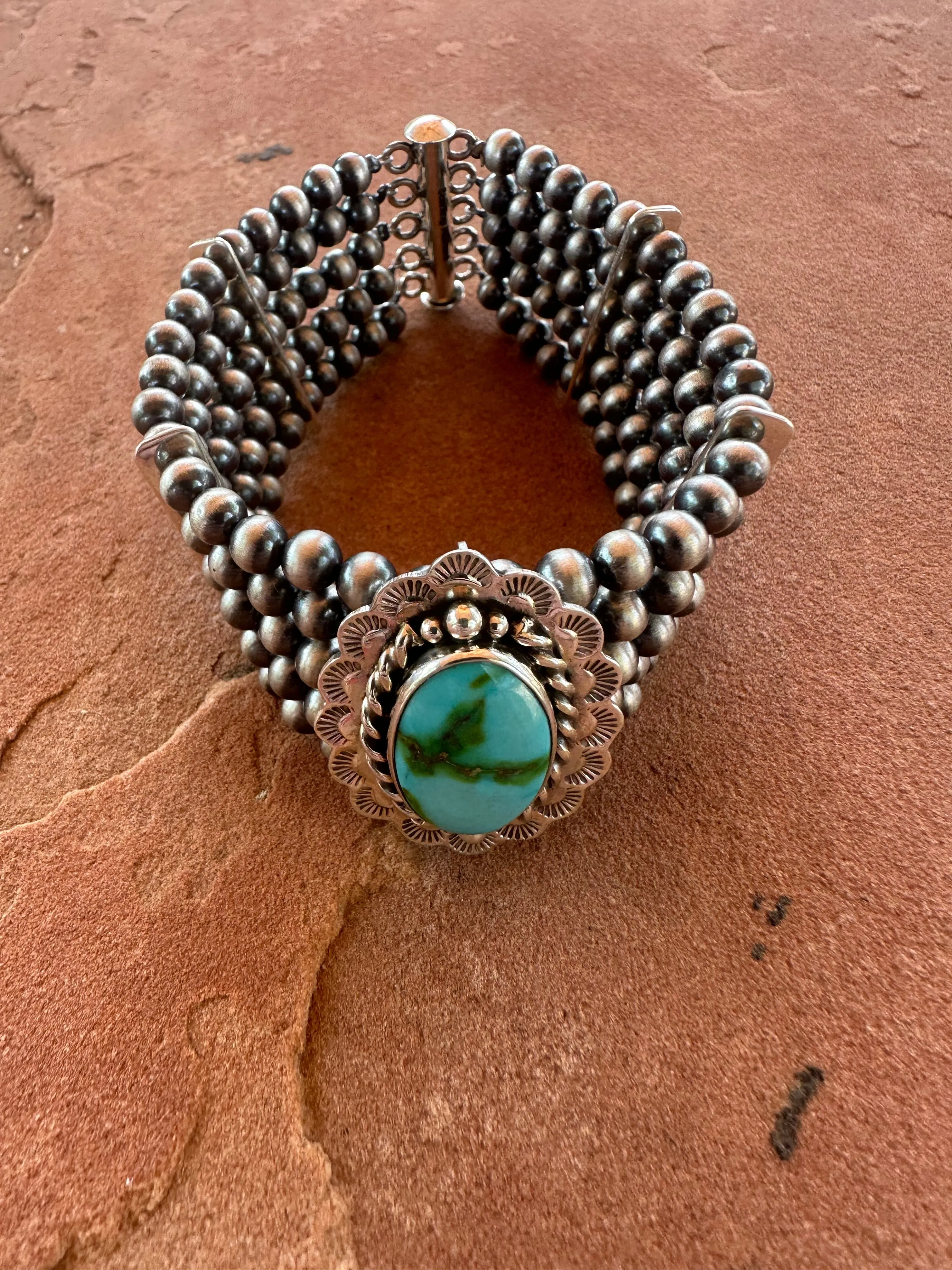 Handmade Sterling Silver & Sonoran Turquoise Beaded Navajo Pearl Style Bracelet