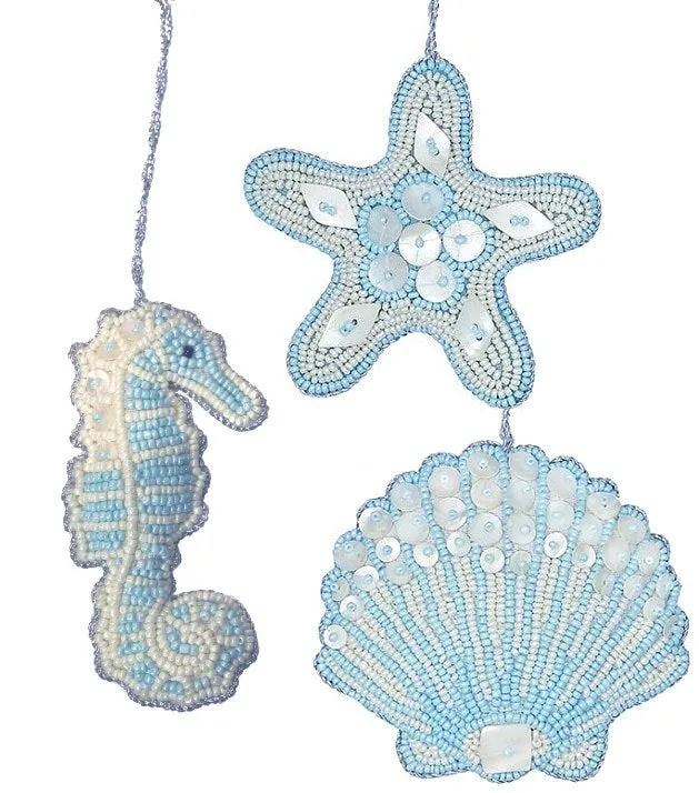 Heirloom Hand-Beaded 6-Pc. Seashell Ornament Set - Arctic Ice Blue