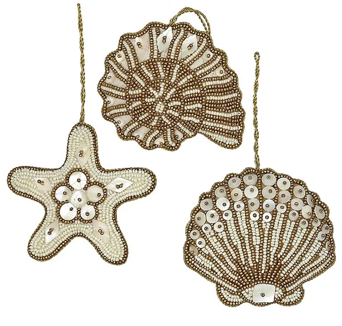 Heirloom Hand-Beaded 6-Pc. Seashell Ornament Set - Golden Dunes