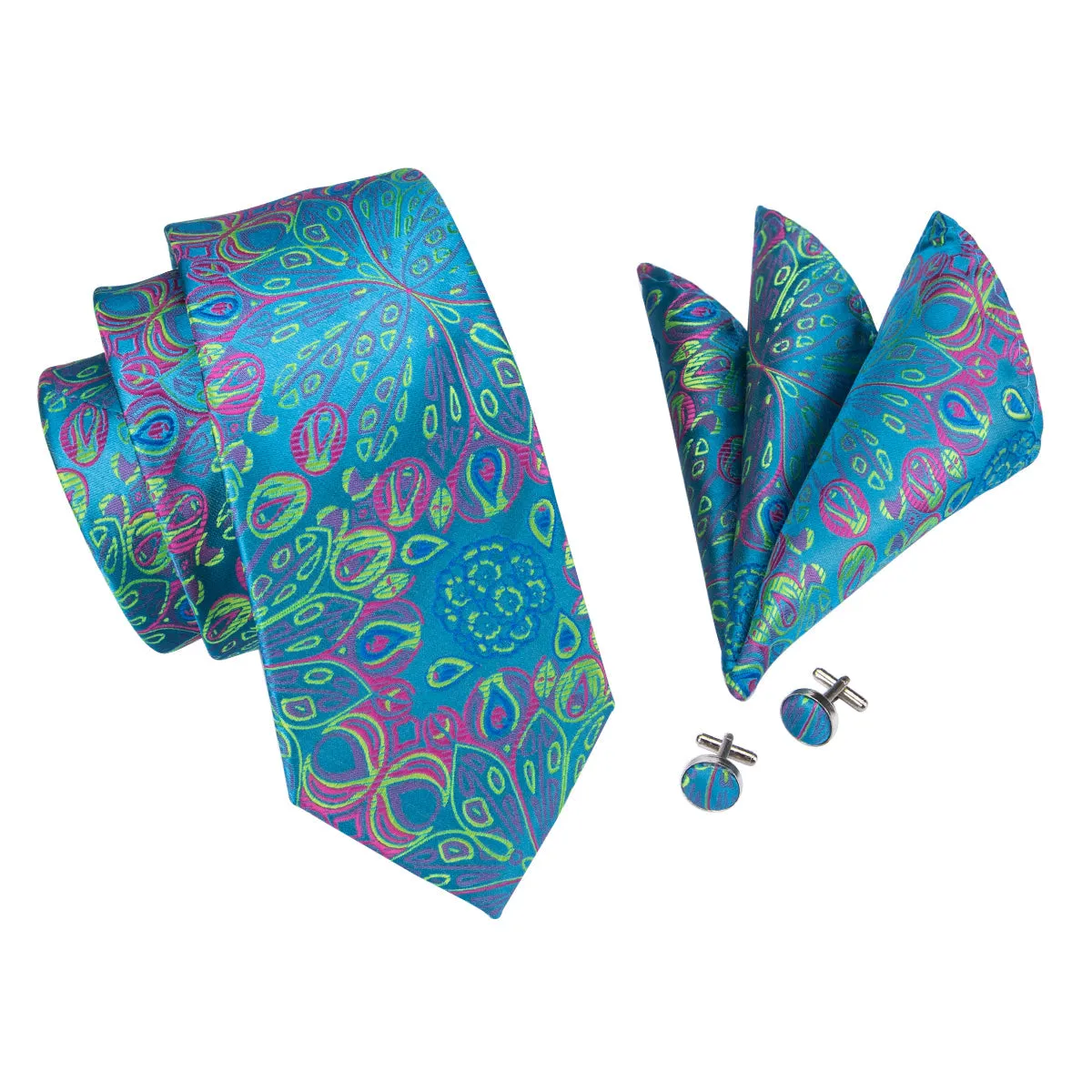 Hi-Tie Blue Green Floral Tie Handkerchief Cufflinks Set with Brooch