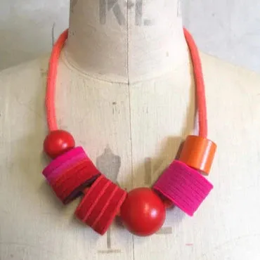 Industrial Felt Wool and Rope Necklace - Coral, Pink and Red