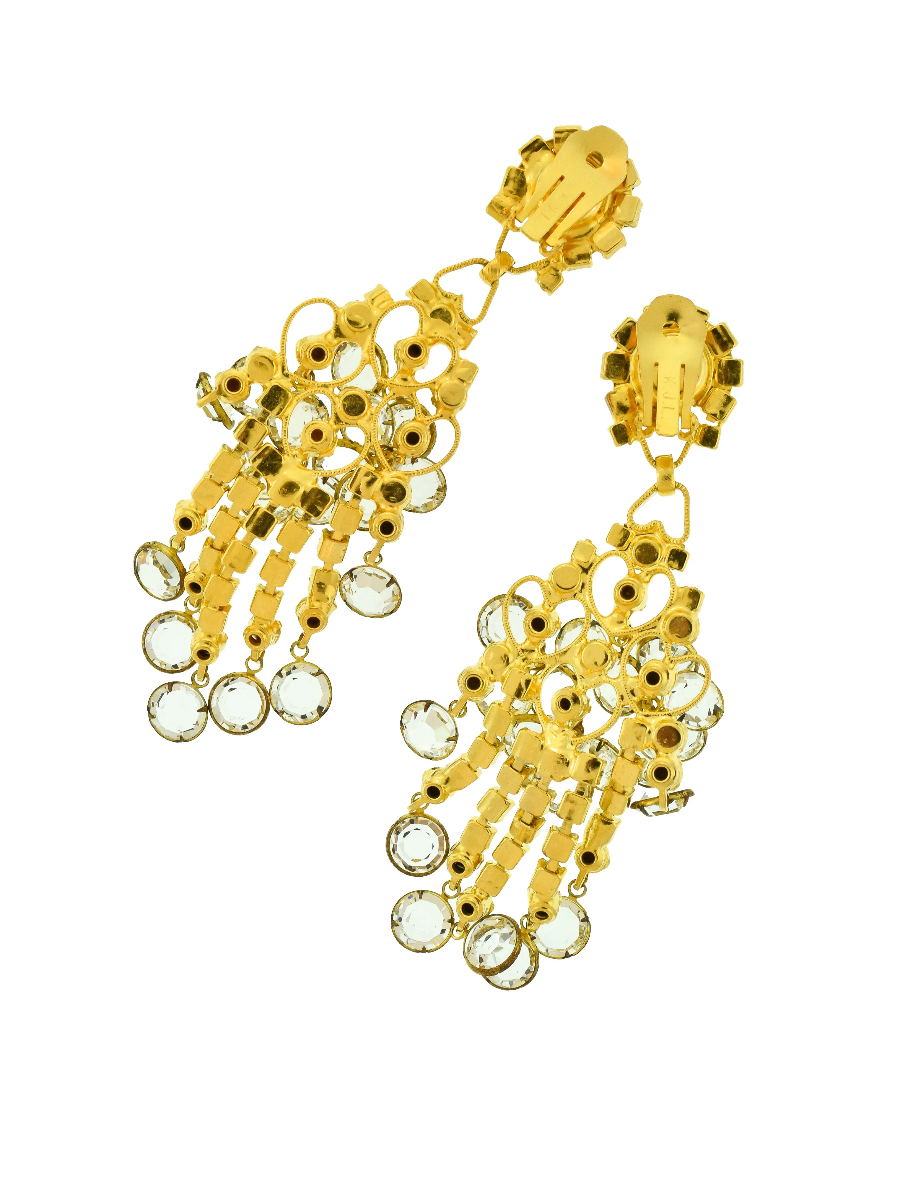 Kenneth Jay Lane Vintage 1960s Outstanding Rhinestone Gold Shoulder Duster Chandelier Earrings