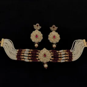 Kundan Brass Carved Pearl Choker Set