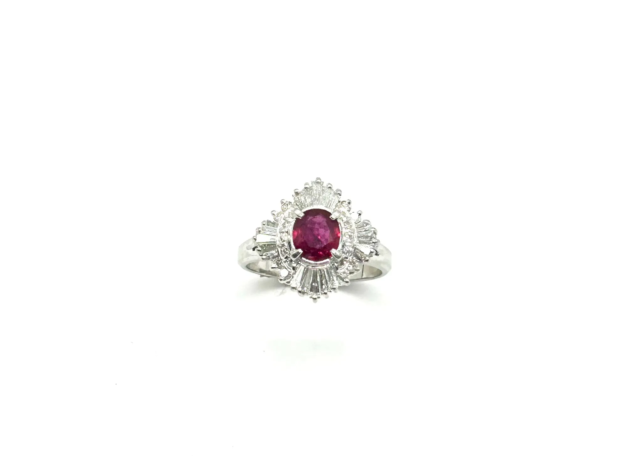 Ladies Platinum Diamond Baguette and Oval Ruby Ring