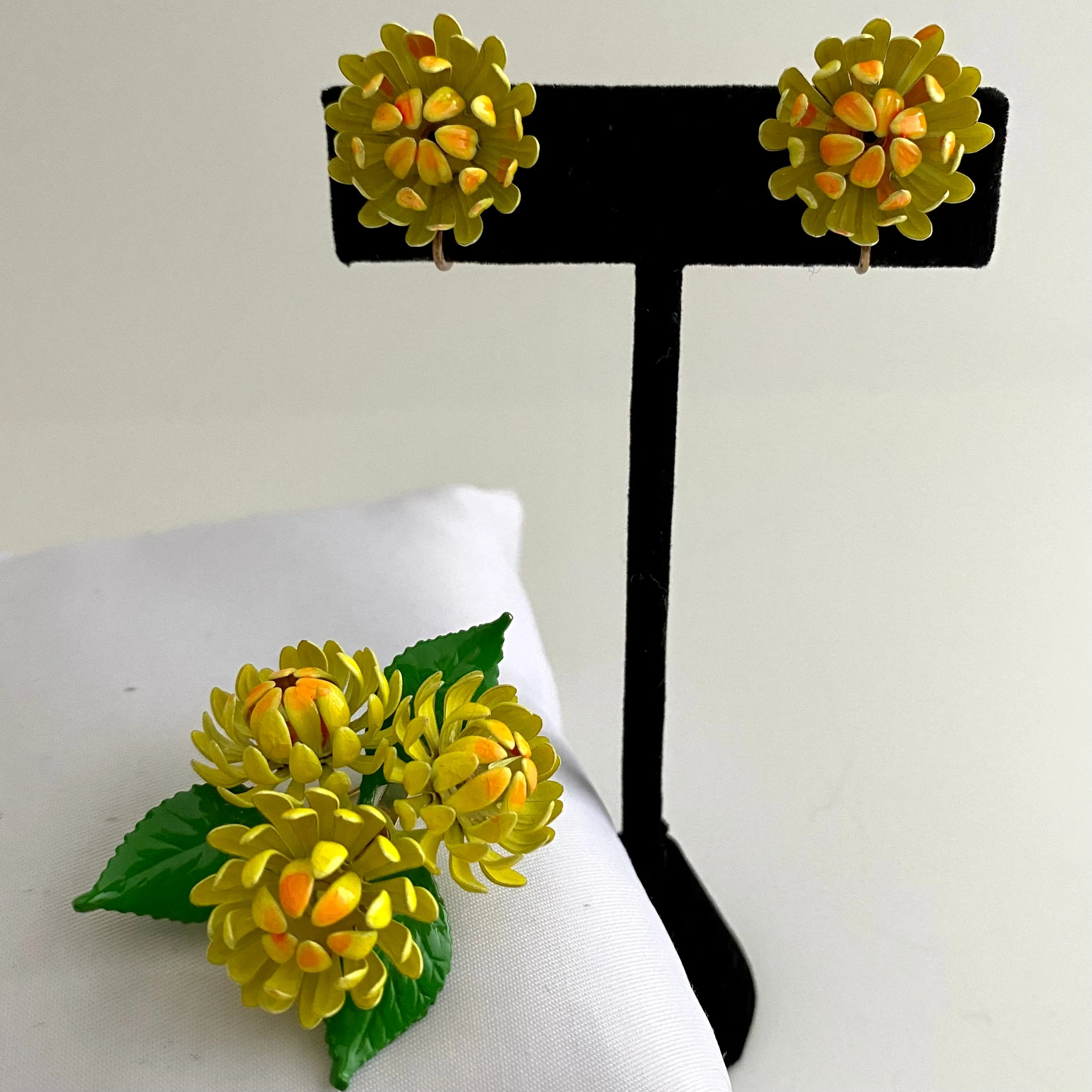 Late 60s/ Early 70's Enamel Flower Brooch & Matching Earrings