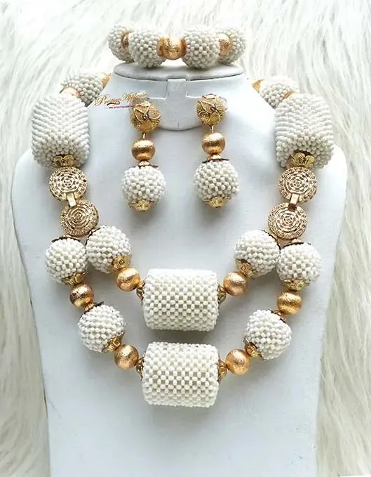 Latest Design White Bridal Wedding Beads embelished with Gold Balls Bridal Party African Nigerian Jewellery Set