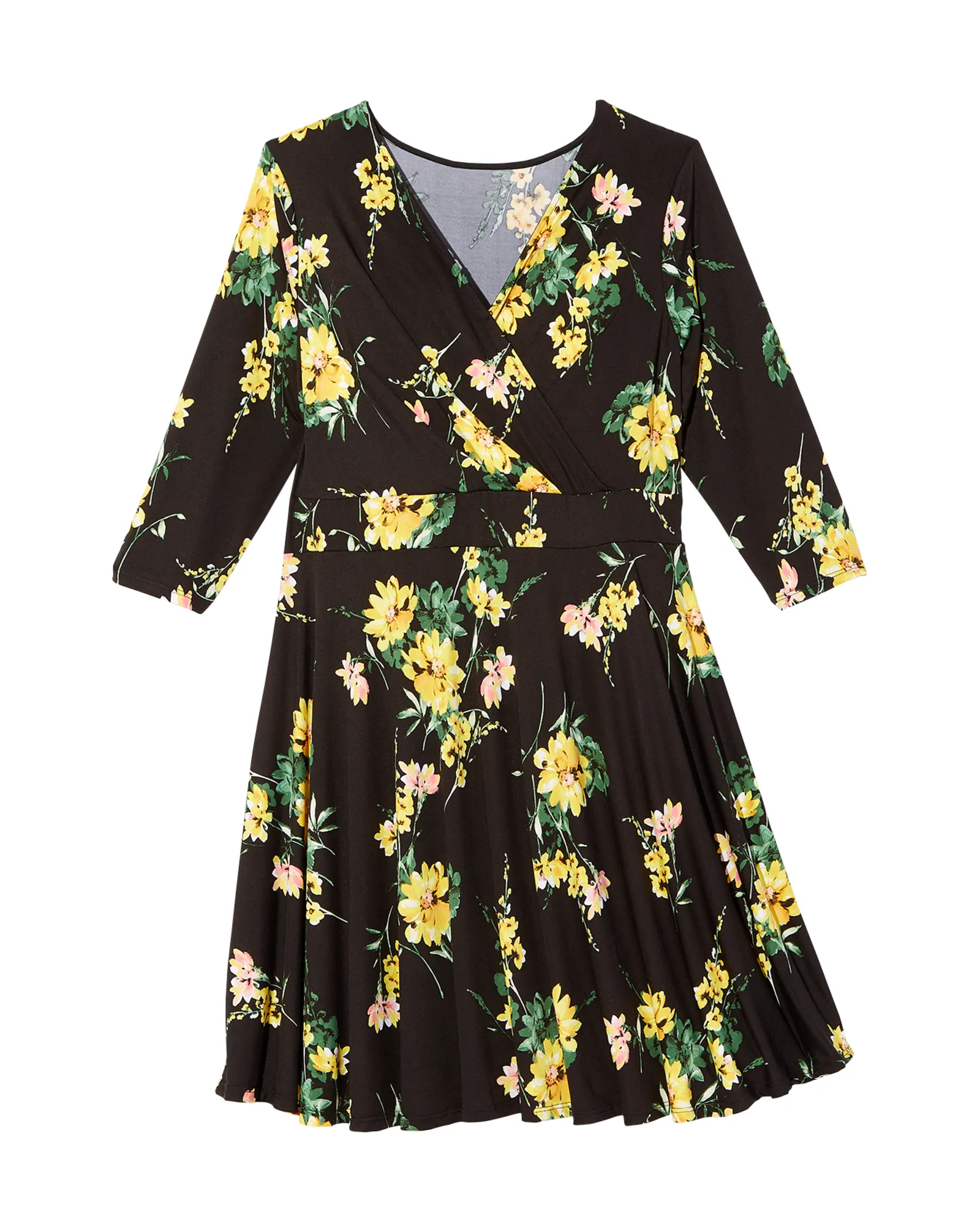 Lawrence 3/4 Sleeve Surplice Dress | Black / Yellow