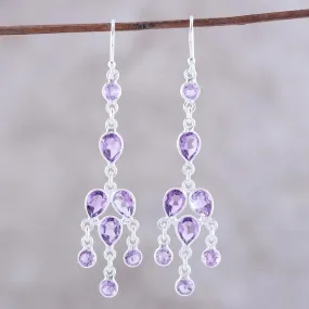 Leafy Adornment Sterling Silver and Purple Amethyst Chandelier Earrings