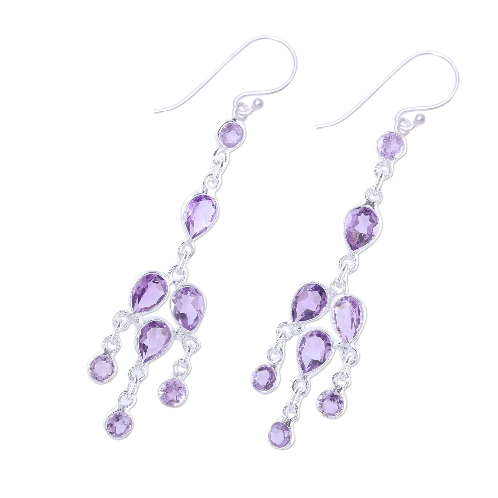 Leafy Adornment Sterling Silver and Purple Amethyst Chandelier Earrings