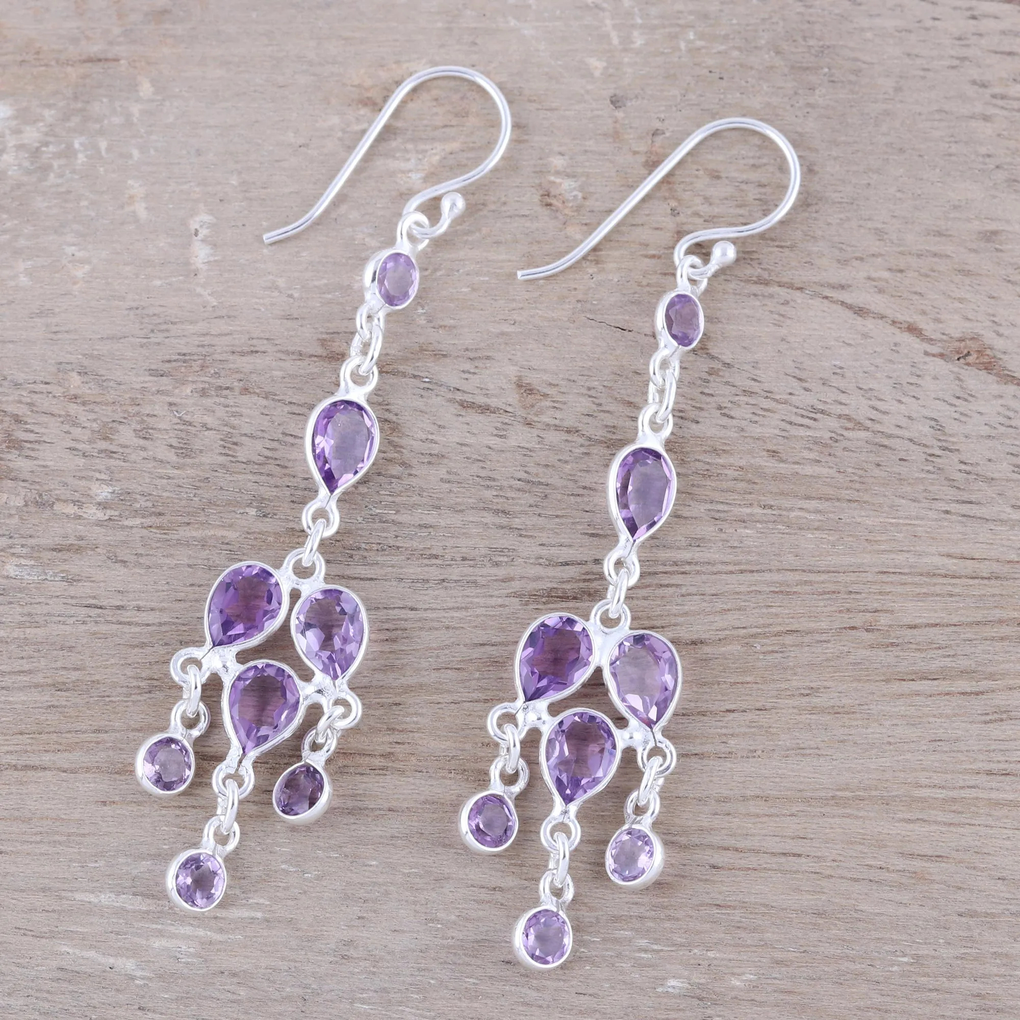 Leafy Adornment Sterling Silver and Purple Amethyst Chandelier Earrings