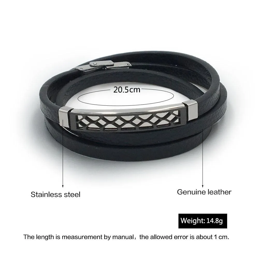 Leather Bracelet for Men Stainless Steel Double Layer Bracelet