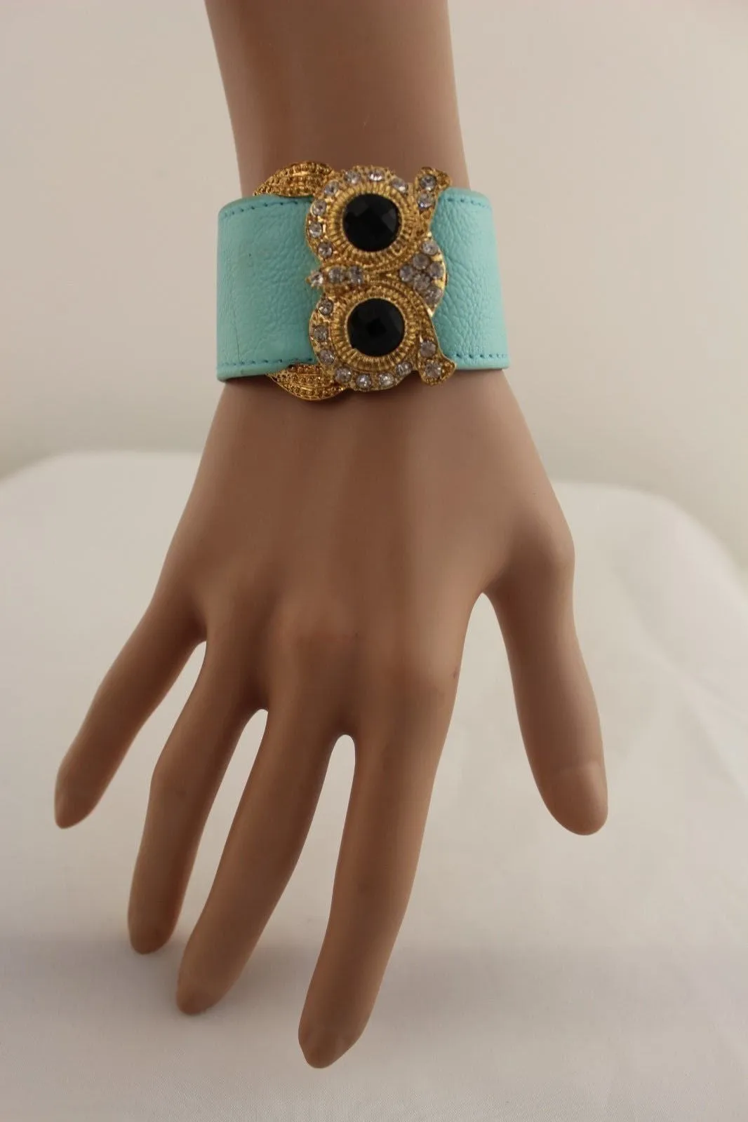 Leather Strap Nude Bracelet Gold Owl Black Rhinestone