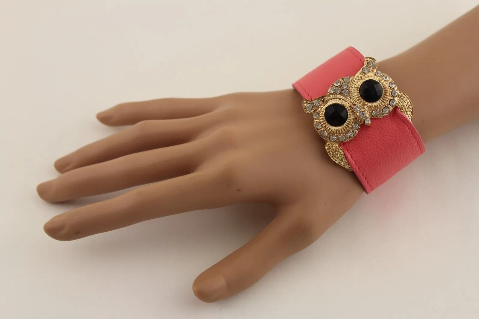 Leather Strap Nude Bracelet Gold Owl Black Rhinestone