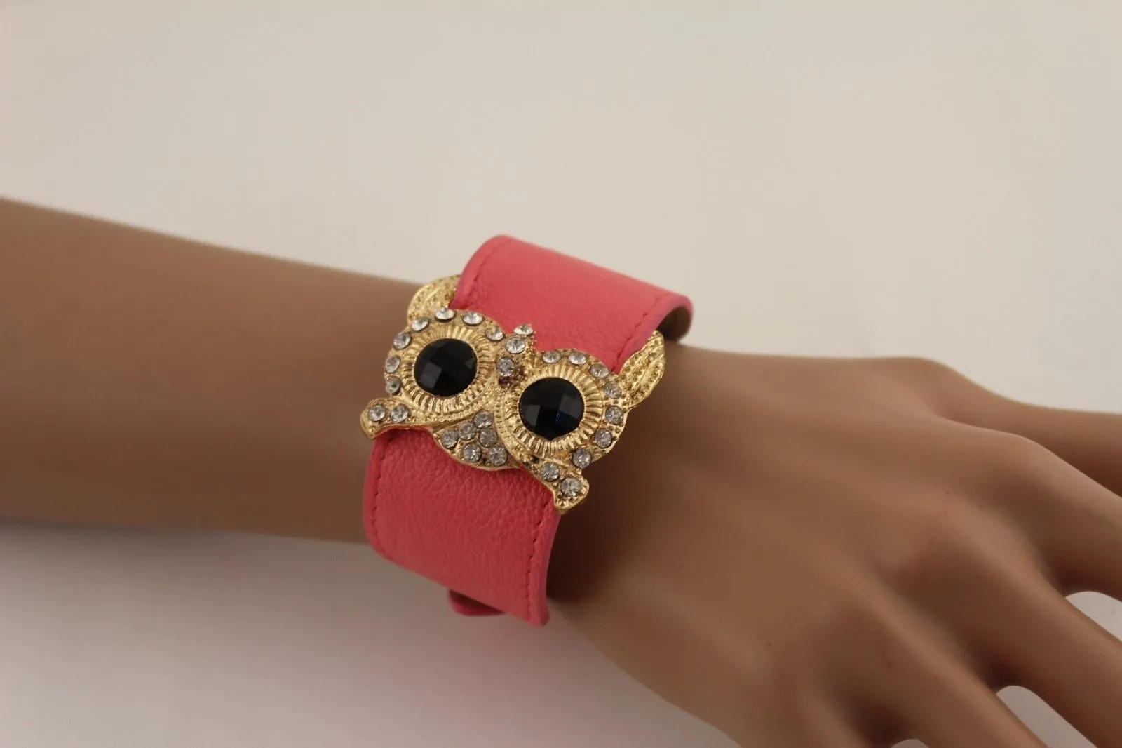 Leather Strap Nude Bracelet Gold Owl Black Rhinestone